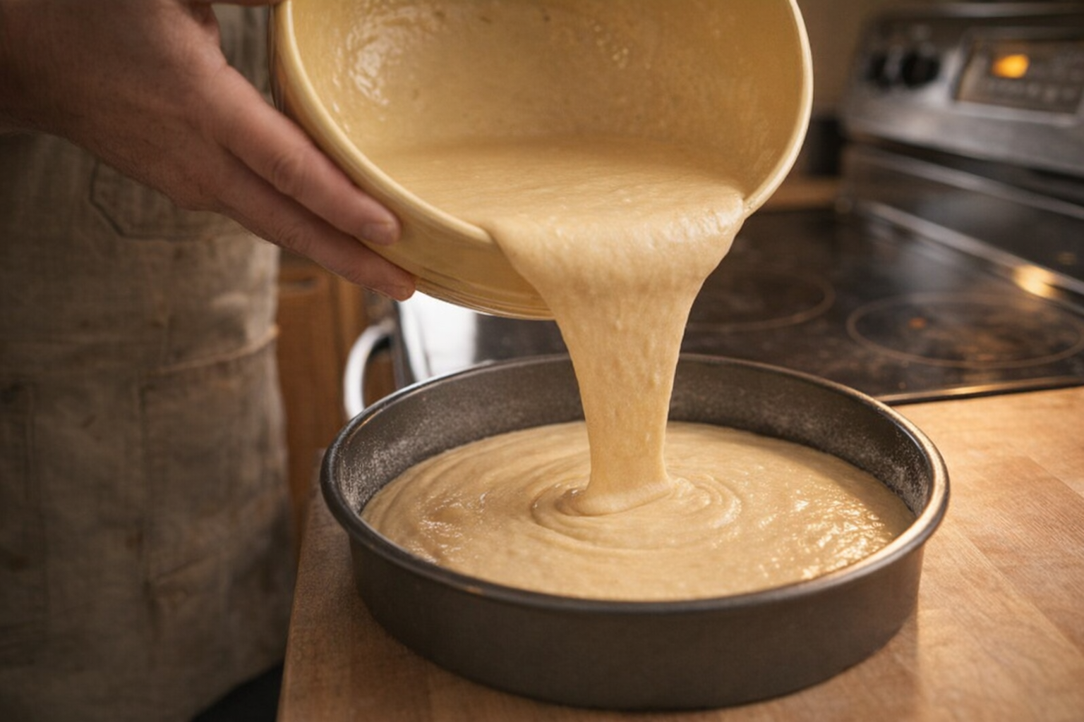 Action shot of pouring cake batter into a greased cake pan, even layer of batter, oven in the background. Warm, kitchen lighting.